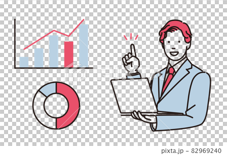 ノートパソコンを見ながらグラフを示して説明をするビジネスマンのシンプルイラストのイラスト素材