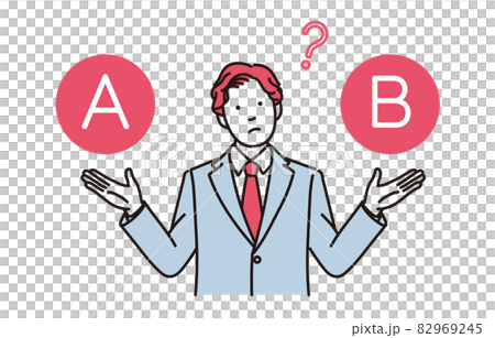A simple illustration of a businessman who thinks by showing two options A simple illustration of a businessman who thinks by showing two options 82969245