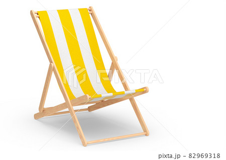 Yellow striped beach chair isolated on white background. 3d rendering of beach and ocean vacations and summer getaways 82969318