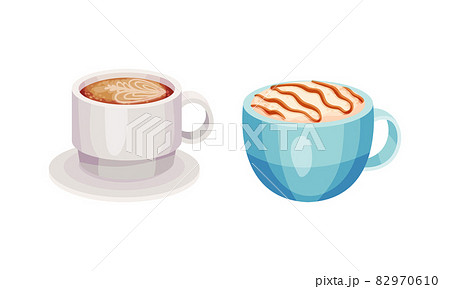 Cups of coffee set. Tasty aroma hot beverage in ceramic cups vector illustration Cups of coffee set. Tasty aroma hot beverage in ceramic cups vector illustration 82970610