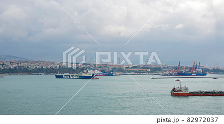Navigation. Turkey. Istanbul. Large cargo ship tanker in the Bosphorus Strait in Istanbul, freight water transport concept Navigation. Turkey. Istanbul. Large cargo ship tanker in the Bosphorus Strait in Istanbul, freight water transport concept 82972037