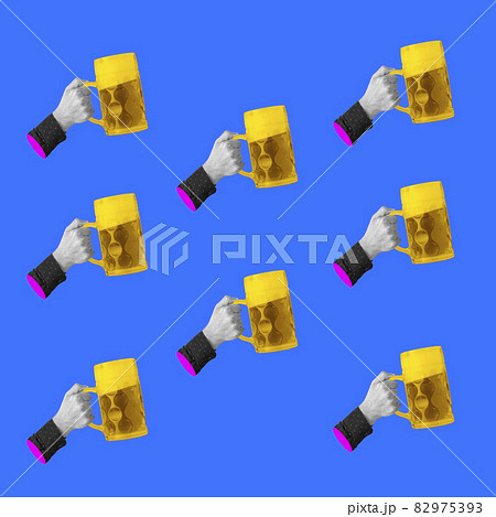 Contemporary art collage of human hands holding glass of lager foamy beer isolated over blue background 82975393