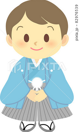 イラスト素材: ニッコリ笑顔で紋付き袴姿の男の子の立ち姿　主線なし　ブルー 82976539
