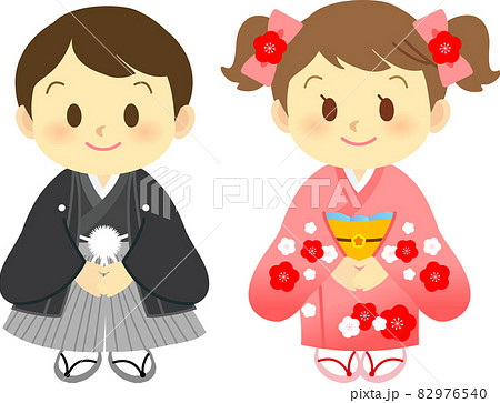 イラスト素材: ニッコリ笑顔で紋付き袴姿の男女の立ち姿 主線なし 黒と赤 イラスト素材: ニッコリ笑顔で紋付き袴姿の男女の立ち姿 主線なし 黒と赤 82976540