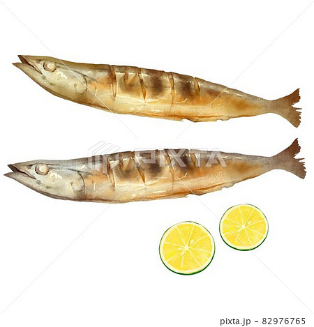 秋刀魚とレモン版画