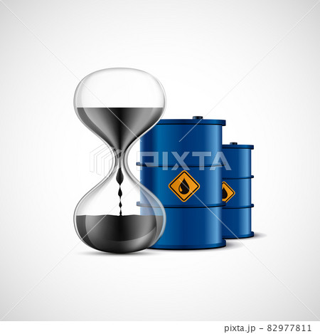 Crude Oil in hourglass. Metal barrels of fuel 82977811