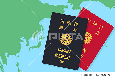 日本周辺の世界地図と日本のパスポート 一般旅券 紺色と赤色のイラスト素材 日本周辺の世界地図と日本のパスポート 一般旅券 紺色と赤色のイラスト素材