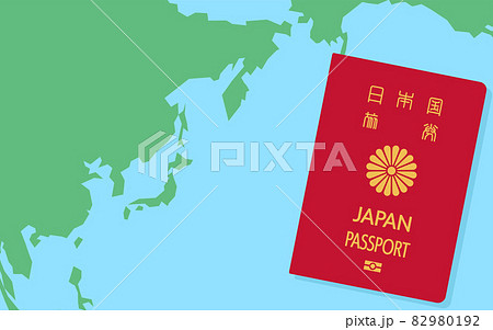 日本周辺の世界地図と日本のパスポート 一般旅券 赤色のイラスト素材 日本周辺の世界地図と日本のパスポート 一般旅券 赤色のイラスト素材