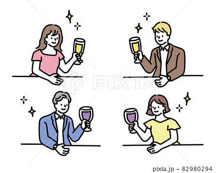 お酒を飲むイラスト パーティー 乾杯 お祝い 合コン お見合い ディナー カップル 夫婦 記念日 のイラスト素材