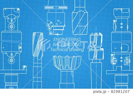 Mechanical engineering drawings on blue background. Tap tools, borer. Technical Design. Cover. Blueprint. Vector illustration. 82981207