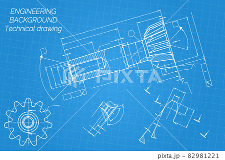Mechanical engineering drawings on blue background. Tap tools, borer. Technical Design. Cover. Blueprint. Vector illustration. 82981221