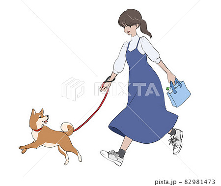犬の散歩をする女性 柴犬のイラスト素材