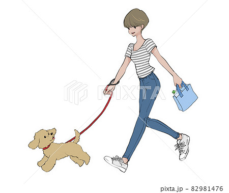 犬の散歩をする女性 トイプードルのイラスト素材