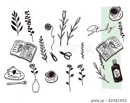 白黒 モノトーン 線画のイラスト 手書き オシャレ 雑誌 カフェ ファッション コーヒー 花 植物 のイラスト素材