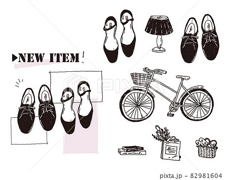 白黒 モノトーン 線画のイラスト 手書き オシャレ 雑誌 カフェ ファッション コーヒー 自転車 靴のイラスト素材