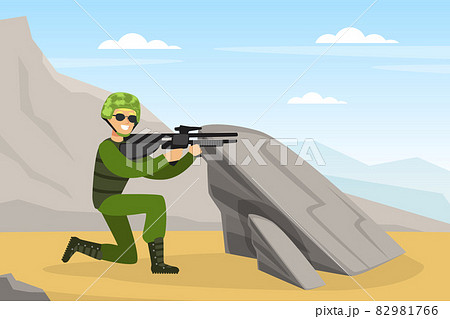 Man as Military Special Force in Uniform and Rifle in Aiming Pose Vector Illustration Man as Military Special Force in Uniform and Rifle in Aiming Pose Vector Illustration 82981766