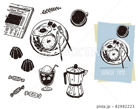 白黒 モノトーン 線画のイラスト 手書き オシャレ ベーグル カフェ ファッション コーヒー カヌレのイラスト素材 9223