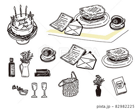 白黒 モノトーン 線画のイラスト 手書き オシャレ 雑誌 カフェ ファッション コーヒー ケーキ のイラスト素材 9225