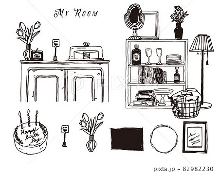 白黒、モノトーン、線画のイラスト(手書き、オシャレ、雑誌、カフェ、ファッション、インテリア、花) 82982230