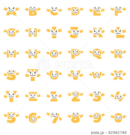 A set of funny characters in the form of letters and numbers with hands, vector clip art. 82982780