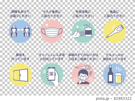 飲食店・店舗向け　コロナウイルス対策アイコン ポスター　日本語テキストつき  82983322