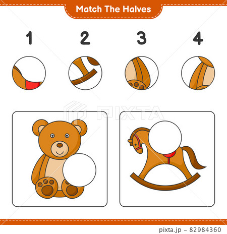 Match the halves. Match halves of Teddy Bear and Rocking Horse. Educational children game, printable worksheet, vector illustration Match the halves. Match halves of Teddy Bear and Rocking Horse. Educational children game, printable worksheet, vector illustration 82984360