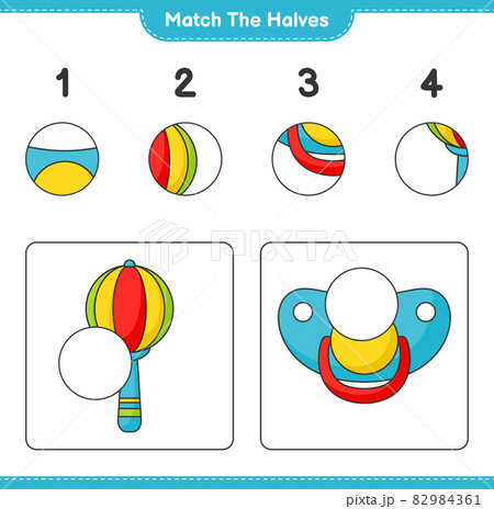 Match the halves. Match halves of Baby Rattle and Pacifier. Educational children game, printable worksheet, vector illustration Match the halves. Match halves of Baby Rattle and Pacifier. Educational children game, printable worksheet, vector illustration 82984361