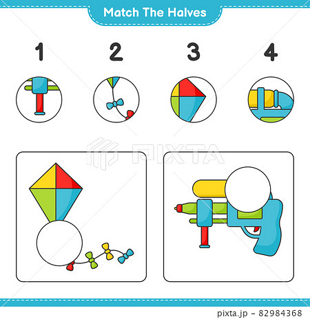 Match the halves. Match halves of Kite and Water Gun. Educational children game, printable worksheet, vector illustration Match the halves. Match halves of Kite and Water Gun. Educational children game, printable worksheet, vector illustration 82984368