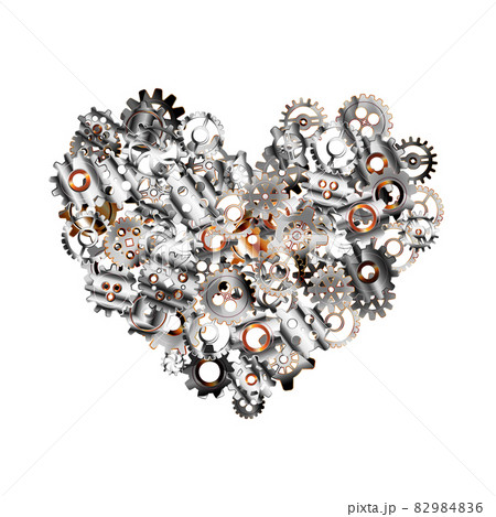 Detailed clockwork mechanism with glossy metallic steampunk cogwheels in heart shape on white Detailed clockwork mechanism with glossy metallic steampunk cogwheels in heart shape on white 82984836