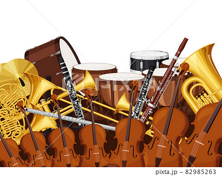 オーケストラの楽器が並んだ背景イラスト 82985263