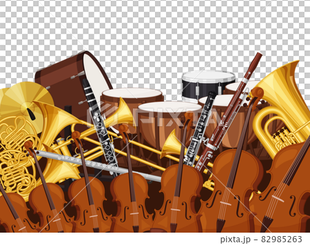 オーケストラの楽器が並んだ背景イラスト 82985263