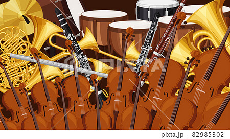 オーケストラの楽器が並んだ背景イラスト 16 9のイラスト素材