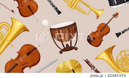 オーケストラの楽器が並んだ背景イラスト 16 9のイラスト素材