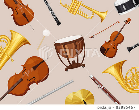 オーケストラの楽器が並んだ背景イラストのイラスト素材