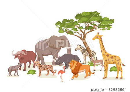 African Savannah Wild Animal Set. Lion, Rhino, Zebra, Buffalo, Giraffe, Flamingo, Leopard, Gazelle, Elephant, Hyena. Flat Vector Illustration. Animals of Africa. Savannh Safari Concept 82986664