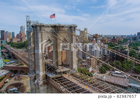 Brooklyn Bridge panoramic view of the Brooklyn downtown skyline buildings in New York City of landscape Brooklyn Bridge panoramic view of the Brooklyn downtown skyline buildings in New York City of landscape 82987657