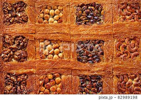 Close up of Turkish Baklava dessert with honey and nuts Close up of Turkish Baklava dessert with honey and nuts 82989198