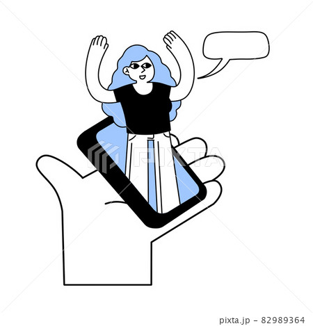 Hand holding phone. Mobile smartphone. Modern trendy outline illustration isolated on white. Speech bubble message. Sms chat with woman 82989364