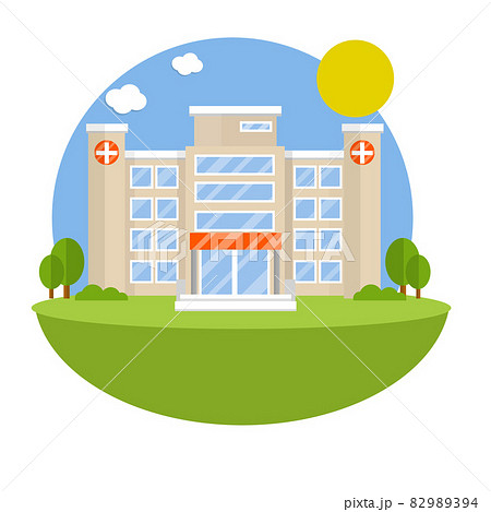Hospital with medical symbol on facade. Clinic for treatment of patients. Hospital with medical symbol on facade. Clinic for treatment of patients. 82989394