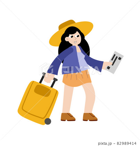 Woman at airport. Girl with suitcase is hurry. Luggage and baggage. Ticket in hand. Flat cartoon isolated on white. Female character goes on vacation 82989414