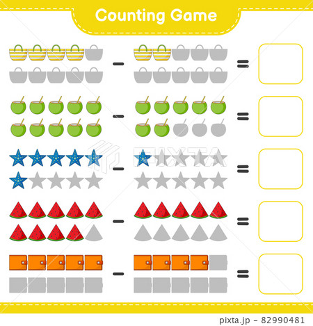 Counting game, count the number of Coconut, Starfish, Watermelon, Wallet, Beach Bag and write the result. Educational children game, printable worksheet, vector illustration Counting game, count the number of Coconut, Starfish, Watermelon, Wallet, Beach Bag and write the result. Educational children game, printable worksheet, vector illustration 82990481