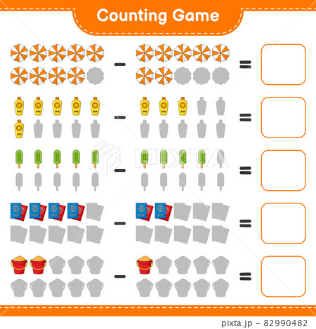 Counting game, count the number of Sunscreen, Ice Cream, Passport, Sand Bucket, Beach Umbrella and write the result. Educational children game, printable worksheet, vector illustration Counting game, count the number of Sunscreen, Ice Cream, Passport, Sand Bucket, Beach Umbrella and write the result. Educational children game, printable worksheet, vector illustration 82990482