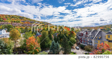 Aerial view of Mont Tremblant Resort in autumn. Mont-Tremblant, Quebec, Canada. 82990756