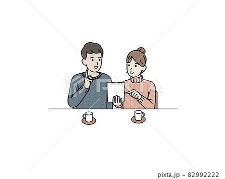 タブレットを使う若い夫婦 カップル 会話 コミニュケーション イラスト素材のイラスト素材