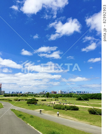 青空の下広々とひろがる芝生と遊歩道のある河川敷の風景 淀川河川敷 守口市 大阪府 青空の下広々とひろがる芝生と遊歩道のある河川敷の風景 淀川河川敷 守口市 大阪府 82992903