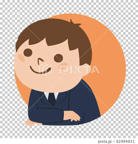 一名男學生的插圖。一個男孩肘部靠在圓形窗戶上微笑。 82994831