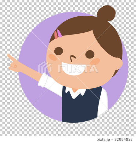 Illustration of a female student. A smiling girl pointing through a circular window. Illustration of a female student. A smiling girl pointing through a circular window. 82994852