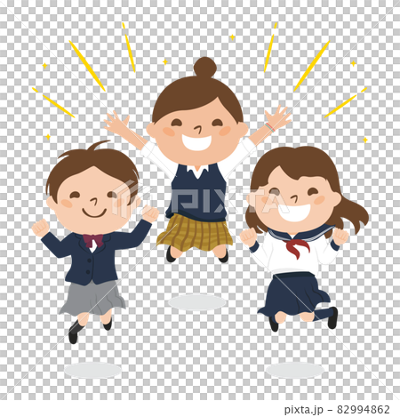女子学生たちのイラスト 楽しそうにジャンプしてる制服姿の女の子たち のイラスト素材