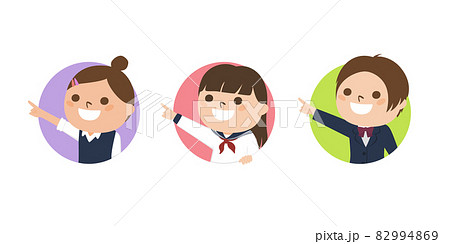 女子学生たちのイラスト 円形の窓から指差してる笑顔の女の子たち のイラスト素材