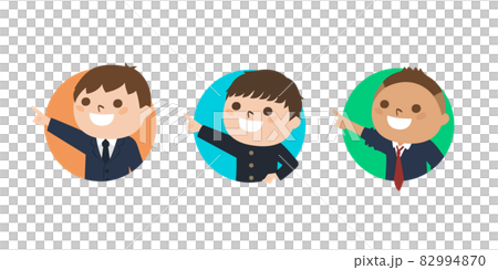 Illustrations of male students. Smiley boys pointing through a circular window. Illustrations of male students. Smiley boys pointing through a circular window. 82994870